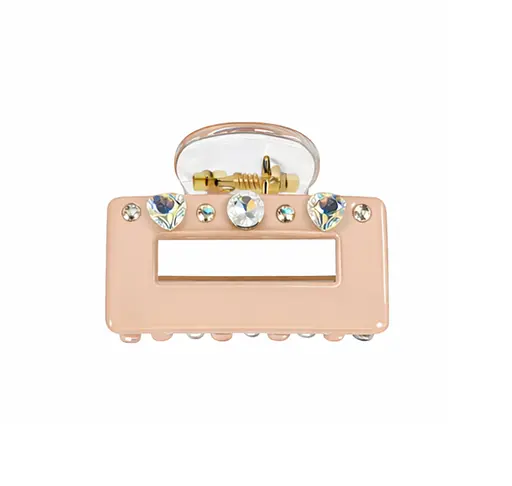 Заколка-крабик прямоугольная со стразами Fashion пластиковая с пружинным зажимом Розовый - фото 1