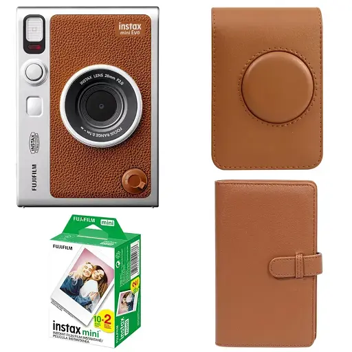 Подарочный набор камера Fujifilm Instax Mini EVO, Фотобумага 20 шт, Чехол, Фотоальбом 108 фото Коричневый - фото 1