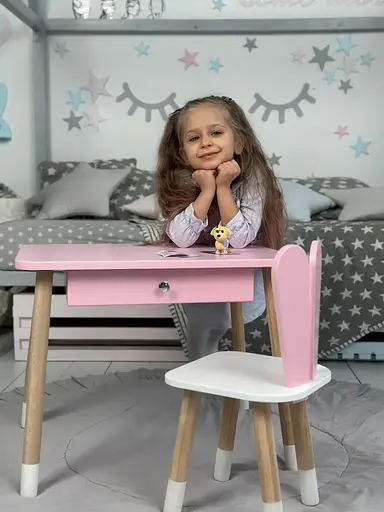 Дитячий столик зі стільцем Зайчик та ящиком для олівців та розмальовок (Рожевий) - фото 4