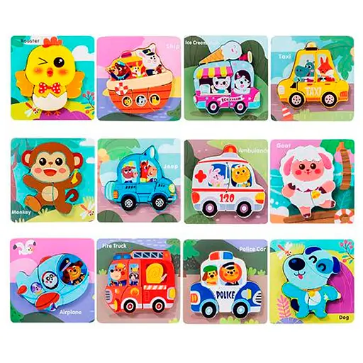 Дерев’яна іграшка Пазли, 12 деталей (транспорт, тварини), 15x15x1.5 см (В асортименті) - фото 2