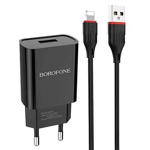 Зарядний пристрій Borofone BA20A 1 USB-порт 2.1 A блок з кабелем для iPhone комплект чорний - фото 1