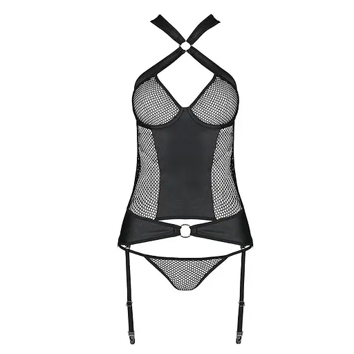 Сітчастий комплект корсет з халтером знімні підв'язки та трусики Passion Amanda CorSet black L/XL - фото 5