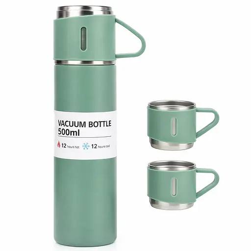 Подарочный набор Hot&Cold термос с 3 кружками / 500 мл / вакуумный / туристический / дорожный / зелёный - фото 1