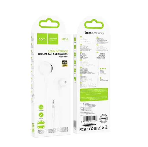 Провідні навушники Hoco M114, вакуумні, з мікрофоном, 1.2m, white - фото 4