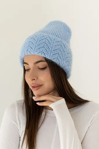 Женская вязаная шапка Ангора Ажур с флисовой подкладкой 60% ангора Голубой - фото 2