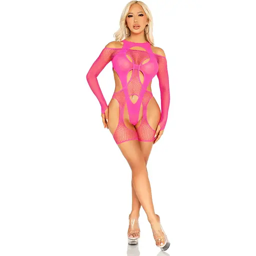 Бодистокинг Leg Avenue Fishnet Garter Harness and Teddy One Size Neon Pink - фото 5