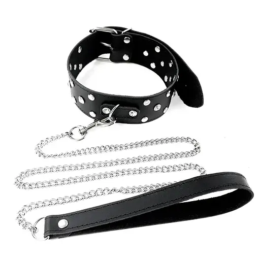 Ошейник с поводком из натуральной кожи с заклепками Art of Sex - Jenna Collar with Leash, черный - фото 2