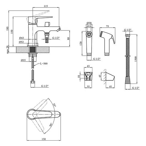 Смеситель для раковины Kroner KRM Elbe – C015 с гигиеническим душем (CV023575) - фото 9