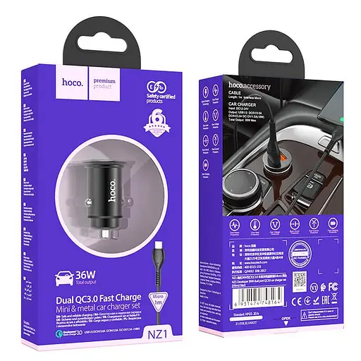 Адаптер автомобильный HOCO Micro USB Cable Developer dual port car charger set NZ1 36W набор черный - фото 6