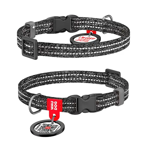 Ошейник для кошек и мелких пород собак Waudog Re-cotton с QR-паспортом восстановлен хлопок светоотражающий пластиковый