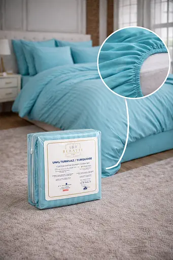 Комплект постільної білизни євро з простирадлом на резинці 180х200+30 см Berratti сатин бірюзовий TC303376127