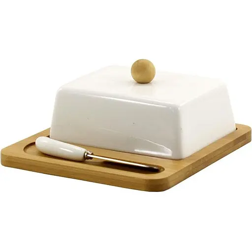 Масленка фарфоровая Interos с бамбуковой подставкой и ножом белая (PJ02054)