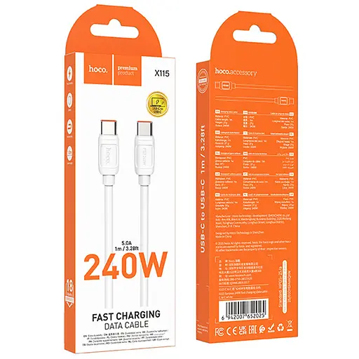 Дата кабель Hoco X115 Surpass Type-C to Type-C 240W (1m) White - фото 2