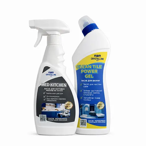 Набор: Средство для мытья матовых кухонных фасадов Med kitchen 500 мл + Средство для удаления сложных солевых налётов Clean tile power GEL 750 мл - фото 1