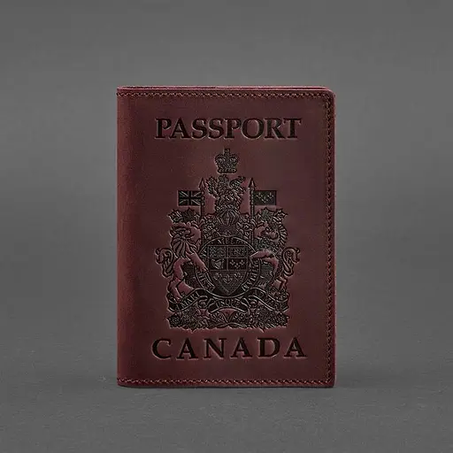 Кожаная обложка для паспорта с канадским гербом бордовая Crazy Horse - фото 5