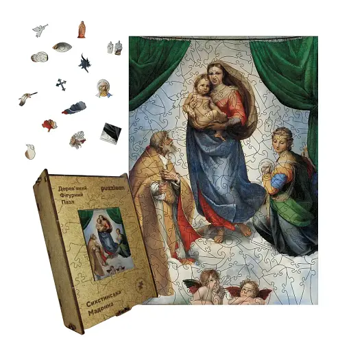 Деревянный фигурный пазл Сикстинская Мадонна, А4, Деревянная коробка 100 элементов