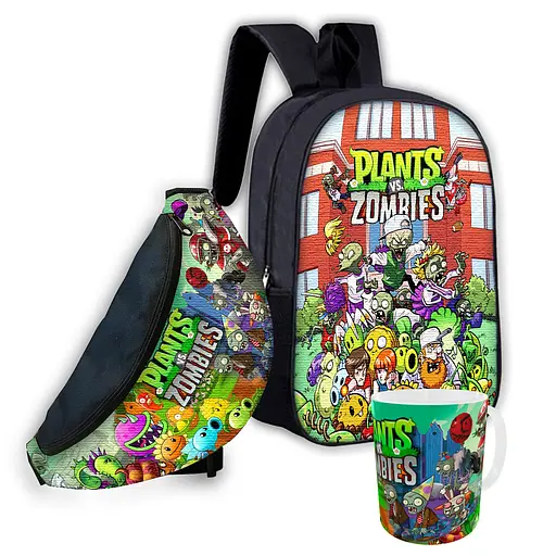 Набор детский растения против зомби рюкзак 36х27см сумка-бананка, кружка с принтом для мальчика (01572)