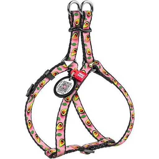 Шлея для котів та дрібних порід собак Waudog Nylon з QR паспортом, малюнок "Авокадо на рожевому", пластиковий фастекс, XS