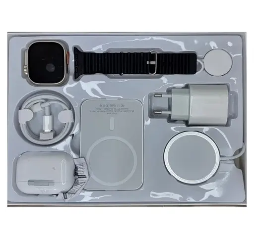 Подарочный набор гаджетов DT1000 6 в 1 Смарт-часы Smart Watch Ultra, наушники, павербанк Все White, часы Silver Black (18573)