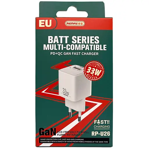 Зарядний адаптер GaN швидка зарядка 33W Remax RP-U26 PD+QC 1xType-c 1xUSB Білий - фото 6