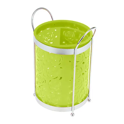 Підставка стійка хромована для столових приладів Троянди на ніжках пластмасова вставка Ø 10.5 см H 18 см, Kitchen Master Салатовий 86899 - фото 1