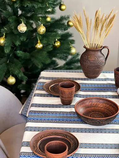 Лляна скатертина різдвяна з українським орнаментом "Рандеву синій" - 330х150 см - фото 5