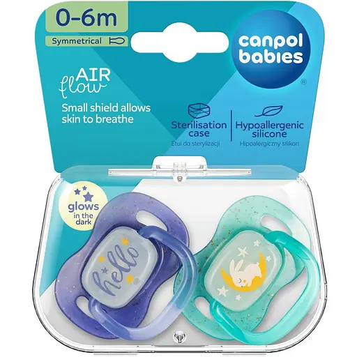 Пустышка силиконовая симметричная Canpol babies NightGlow 0-6 месяцев 2 шт. синяя (34/942_blu) - фото 6