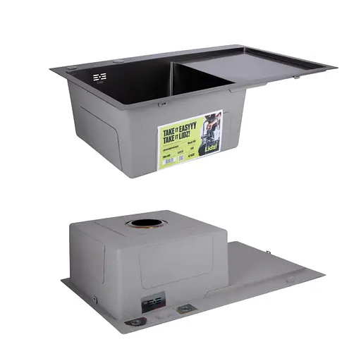 Кухонна мийка Lidz Handmade H7849BR інтегрована крило зправа BlackPVD у комплекті з дозатором та корзиною, Чорний - фото 4