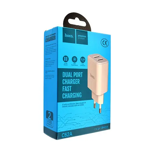 Блок-адаптер живлення Hoco C62A Victoria з кабелем Type-C 2USB 2.1А білий - фото 2