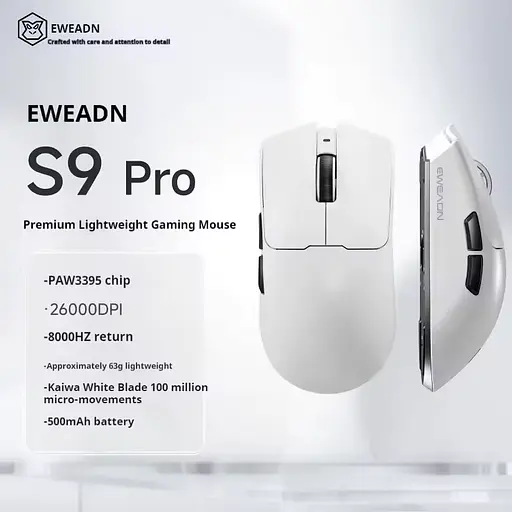 Игровая беспроводная мышка EWEADN S9 Pro / Три режима подключения / Сенсор PAW3395 / 26000 DPI / White - фото 2