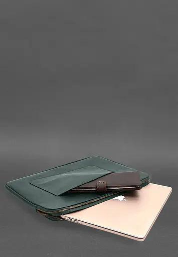 Кожаный чехол BlankNote для ноутбука на молнии с хлястиком и карманом Зеленый - фото 6