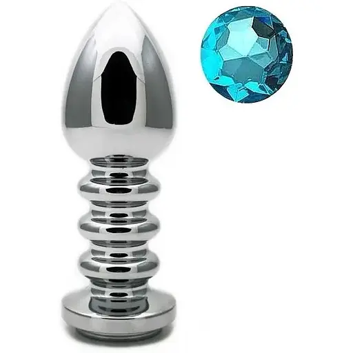 Рифлена анальна пробка з кристалом SKN-MS101 (довжина - 11.5 см, діаметр-4 см, Вага-182 гр.), Срібний / Голубой - фото 2
