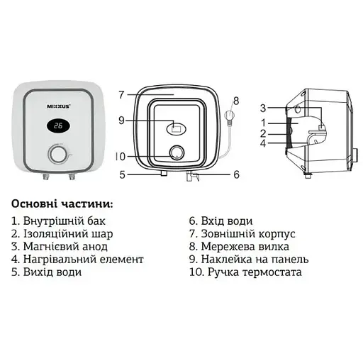 Водонагреватель Mixxus EWH-0506 Small Over 6 л над мойкой, 1500Вт, мокрый, ТЭН, вертикальный, квадратный, белый (WH0020) - фото 5