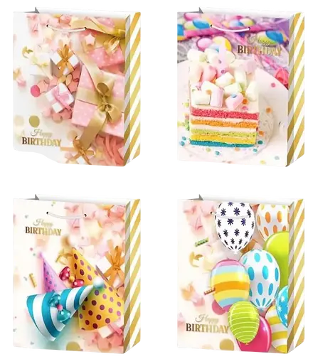 Подарочный пакет картонный, 200 г/м², Яркий, 31x42x12 см, 4 шт. в упаковке (в ассортименте)