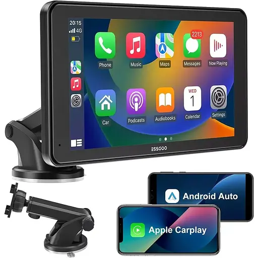 ESSGOO 743CP, чорна 7-дюймова автомобільна стереосистема з Bluetooth, Android Auto та Apple CarPlay