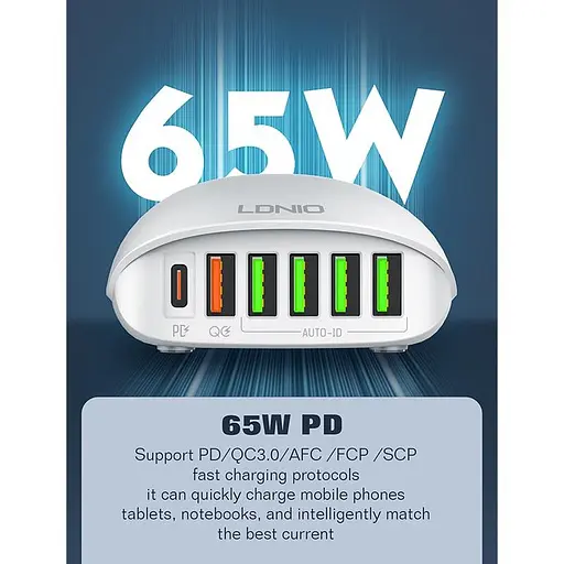 Зарядное устройство адаптер 6 портов Ldnio A6573C 5 USB + 1 Type-C 65 ВТ - фото 8