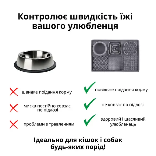 Миска-лизальний килимок для собак та котів для повільного годування ПУХНАСТЕ ЩАСТЯ сірий - фото 3