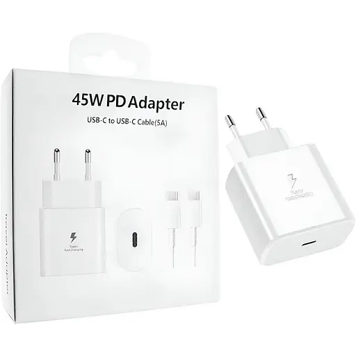 Мережевий зарядний пристрій білий 45W 2 в 1 Type-C to Type-C 5 A