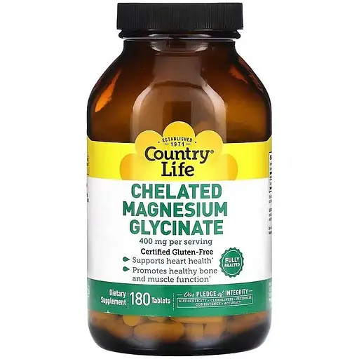 Гліцинат магнію Country Life Chelated Magnesium Glycinate 400 mg, 180 таблеток для підтримки серця та м'язів