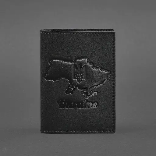 Кожаная обложка для паспорта с картой Украины черный краст - фото 5