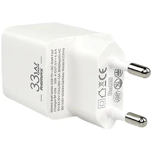 Зарядний адаптер GaN швидка зарядка 33W Remax RP-U26 PD+QC 1xType-c 1xUSB Білий - фото 2