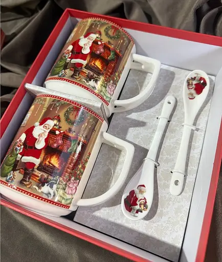 Чайний набір з ложками Новорічні подарунки кераміка у подарунковій коробці 280 мл Червоний 2 чашки - фото 6