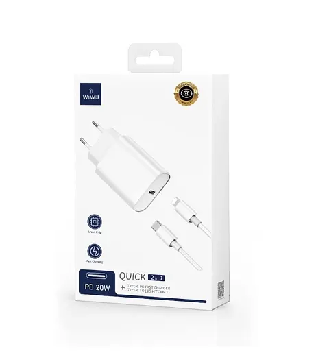 Мережевий зарядний пристрій Wiwu Wi-U001 Type C 20 PD charger set with EU Plug Type C to Lightning Білий - фото 2