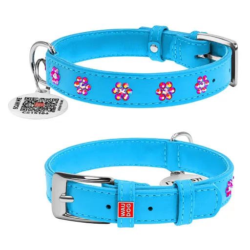 Ошейник для собак кожаный Waudog Glamour с QR-паспортом с клеевыми стразами "Цветы" Ш 15 мм Д 27-36 см голубой