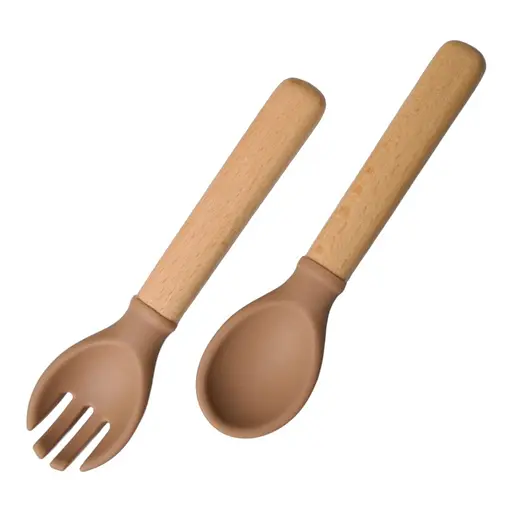 Прилади силіконові дитячі OldBro ложка та вилка з дерев'яною ручкою, brown - фото 1