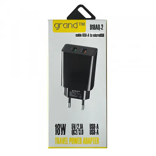 Зарядний пристрій 2 порти юсб Grand D18AQ-2 2 USB QC 3.0 18W набір з кабелем - фото 2