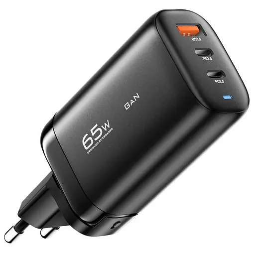 Зарядний пристрій Essager ES-CD23 Gan 65 W (3 порти 1 USB + 2 Type-C) адаптер блок чорний - фото 1