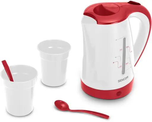 Электрочайник Sencor 0.5л, Strix, пластик, в комплекте 2 стакана + 2 ложки, бело-красный - фото 2
