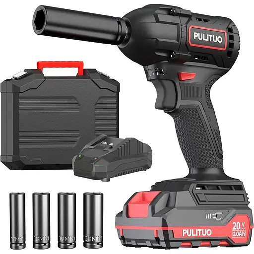 Безщітковий акумуляторний ударний гайковер PULITUO 20 В, 1/2-дюймовий патрон, 2800 об/хв, літій-іонний акумулятор 2,0 Ач