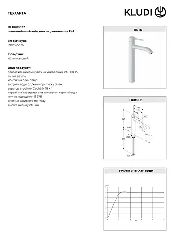 Смеситель для умывальника однорычажный 240 Kludi Bozz белый 382865376 - фото 2